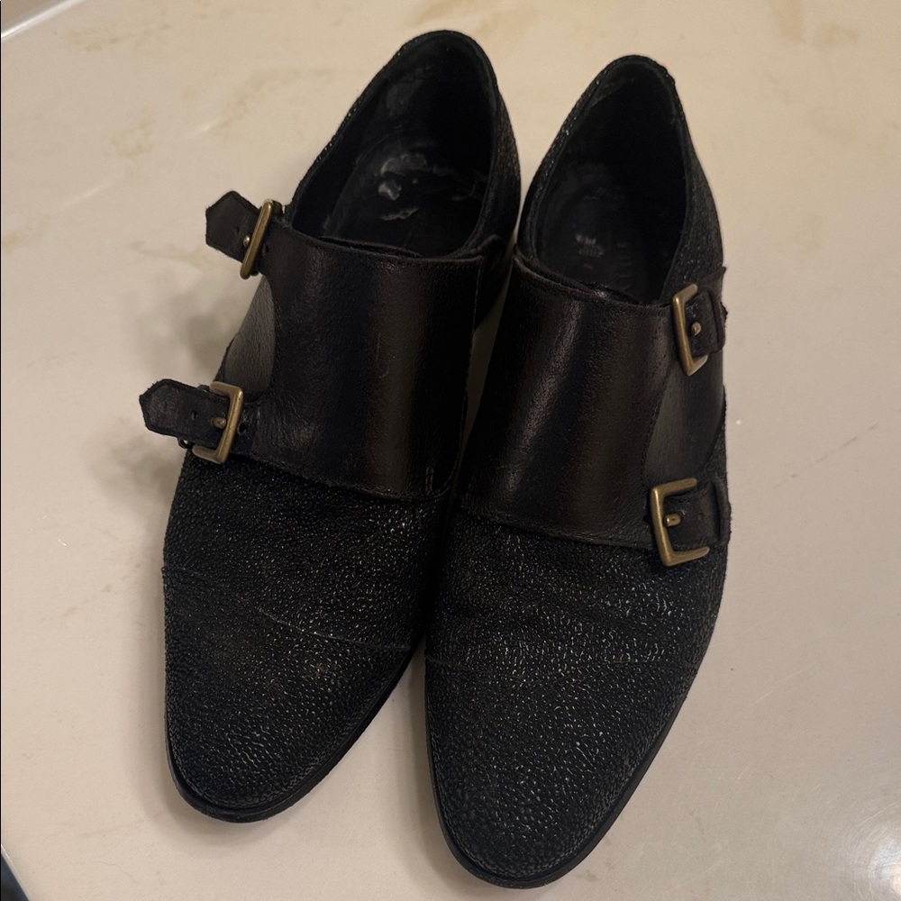 Billy Reid Black Textured Leather Double Monk Strap Flats
